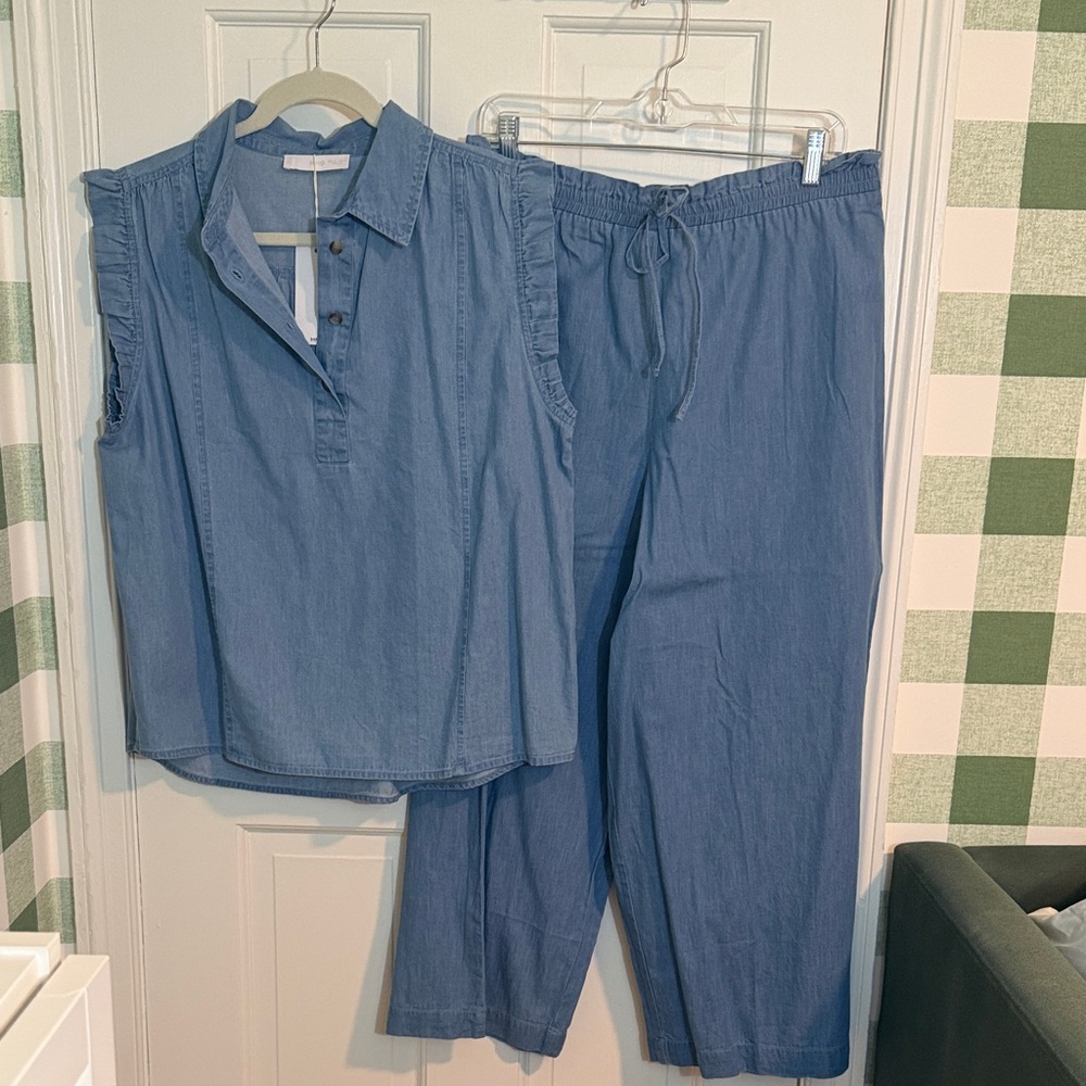 NWT Mango Denim Chambray Blue Ruffle Sleeveless & Wide Leg Set Size XL
